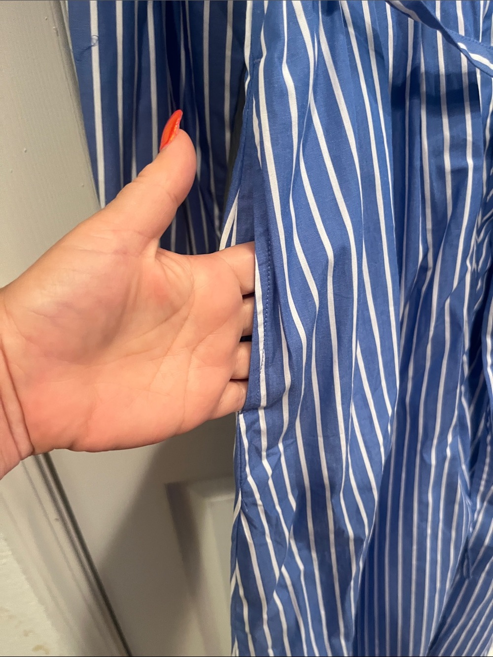 Striped Blue & White Midi Shirt Dress with Tie Waist - Picture 5 of 10